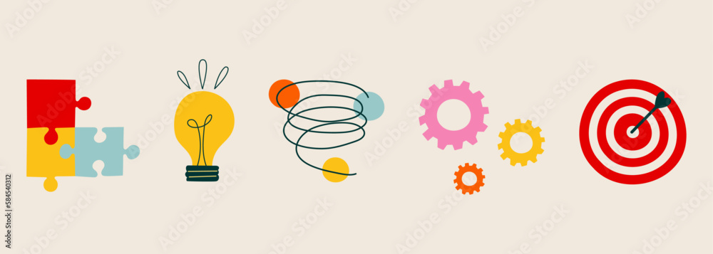The concept of finding great ideas. Hand-drawn isolated illustrations on the topic of new ideas and thoughts. Creativity and inspiration in a modern style. A light bulb, a puzzle, gears, a symbol  - obrazy, fototapety, plakaty 
