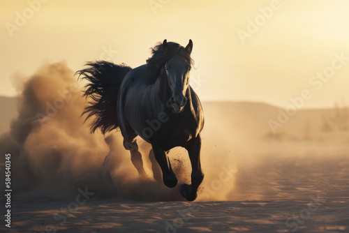 Black stallion horse in sunset running free with mane flowing. Generative AI.