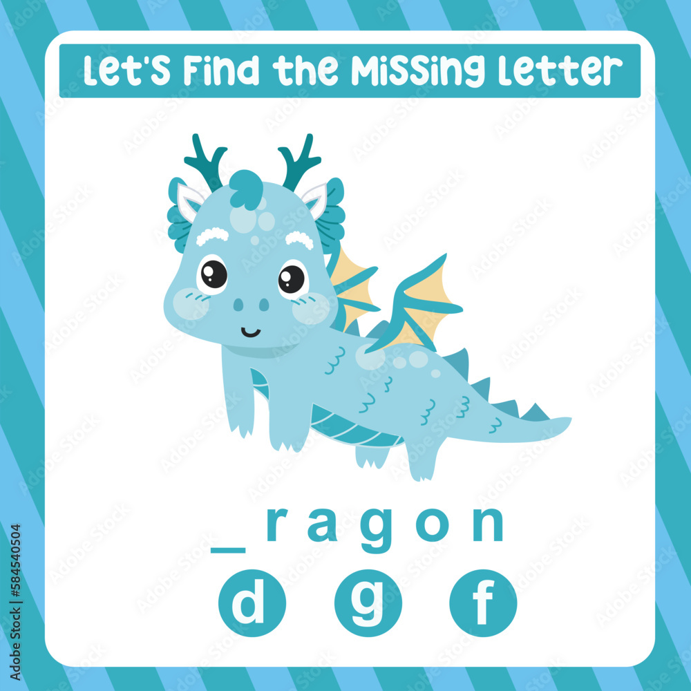 Obraz na plátně Find the missing letter cute and kawaii baby dragon worksheet for kids learning insects in English