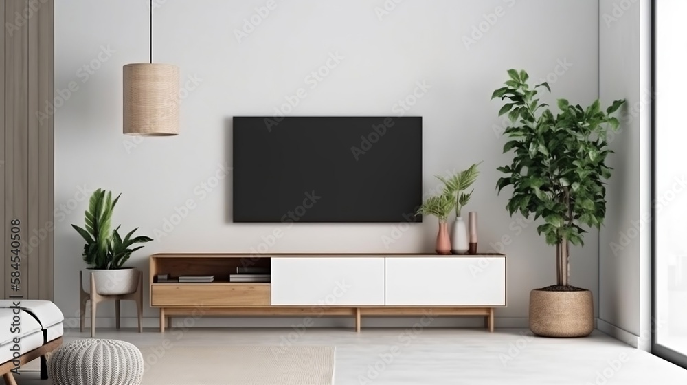 TV on cabinet in modern living room on a white wall background simple and minimalist mock up. generative AI - obrazy, fototapety, plakaty 