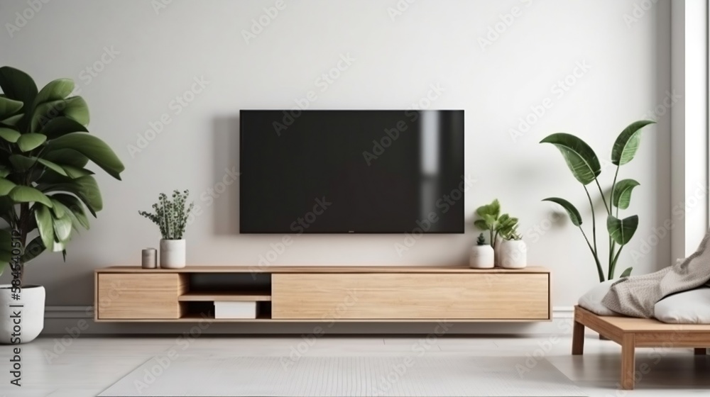 TV on cabinet in modern living room on a white wall background simple and minimalist mock up. generative AI - obrazy, fototapety, plakaty 