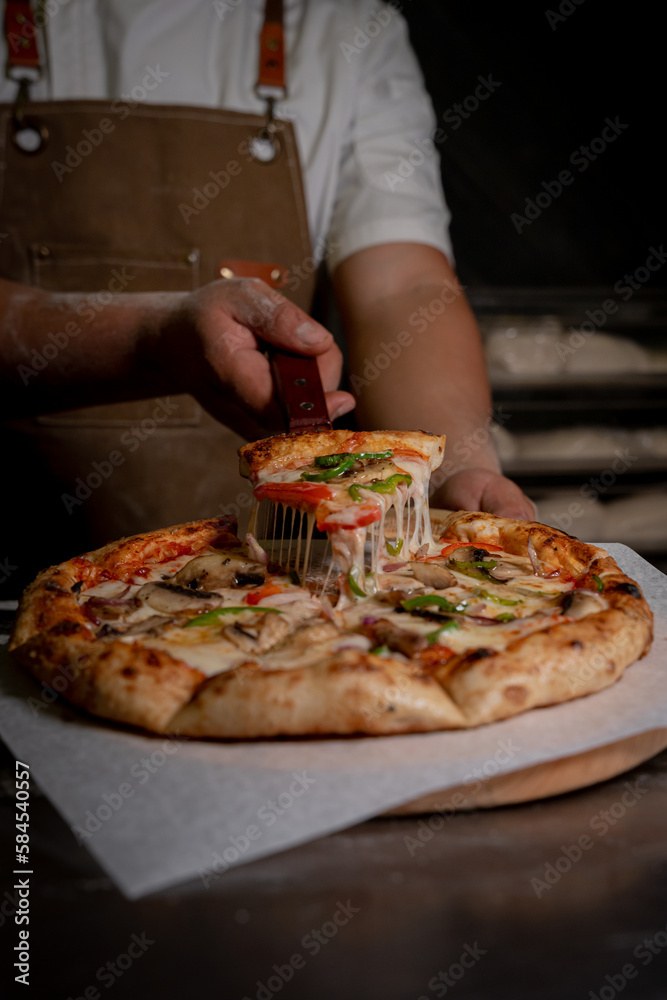 Delicious Italian pizza with fresh ingredients on a wooden board.