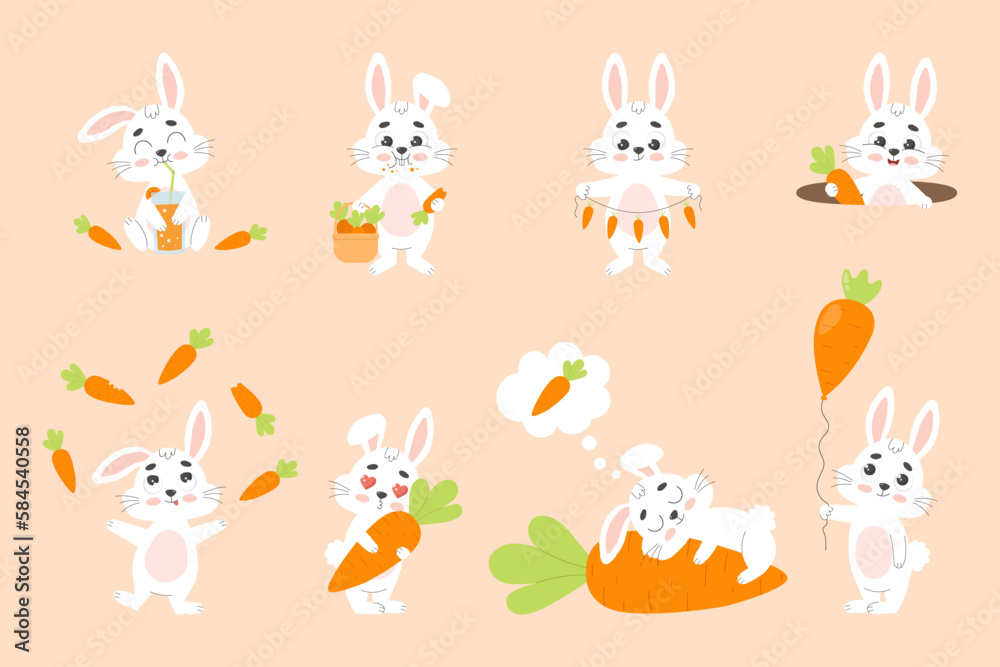 Cute white bunny with carrot set. Little rabbit character. Cartoon vector illustration Cute white bunny with carrot set. Little rabbit character. Cartoon vector illustration