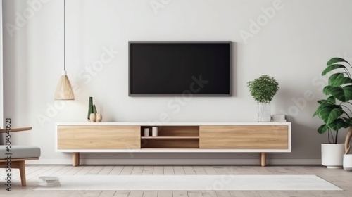 TV on cabinet in modern living room on a white wall background simple and minimalist mock up. generative AI