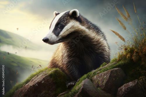 Cute Badger on the top of mountain rock. Cute mammals in the environment, rainy days, Germany, Europe. Wild Badger, Meles meles, animal in the wood, wild animals, 4K, wildlife background, AI. © aqib