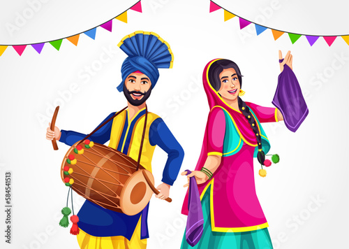 Happy Baisakhi festival in Punjab, India. Punjabi Sikh harvest festival. A Giddha dancer and a Bhangra Dancer with a dhol representing folk dance.