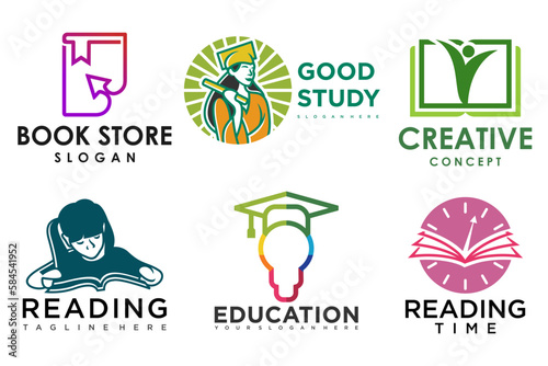 education and learn logo set.school book,graduate hat,lamp,book store and student.Teaching symbols