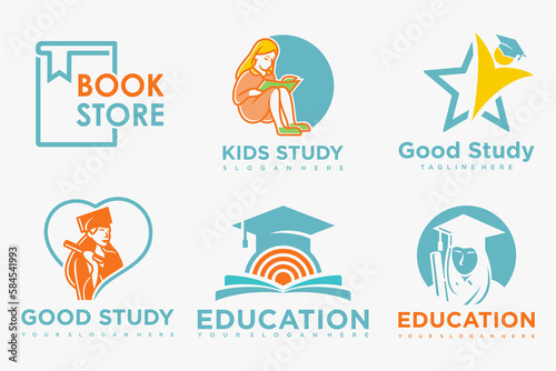 education and learn logo set.school book,graduate hat,book store and student.Teaching symbols
