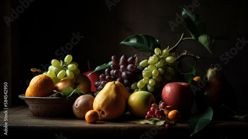 Fruit Still Life Food Image of Pears, Grapes, Apples, and Kiwi with Dramatic Lighting and Vintage Aesthetic on an Aged Farmhouse Table- Generative AI