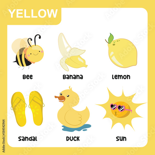 Set of yellow color objects. Primary colours flashcard with yellow elements. Learning colors for kids. Vector illustration file. Learning material for toddlers.