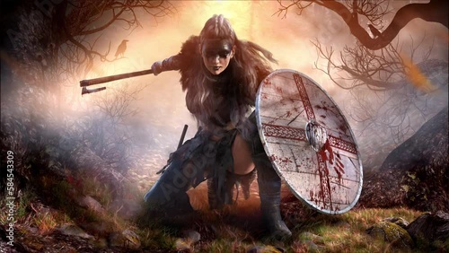  Viking woman with a bloody axe and shield in a low fighting stance is hiding in the forest in the rays of the sun, she is a demon with black eyes and mystical tattoos. clean looped 2d animation  photo