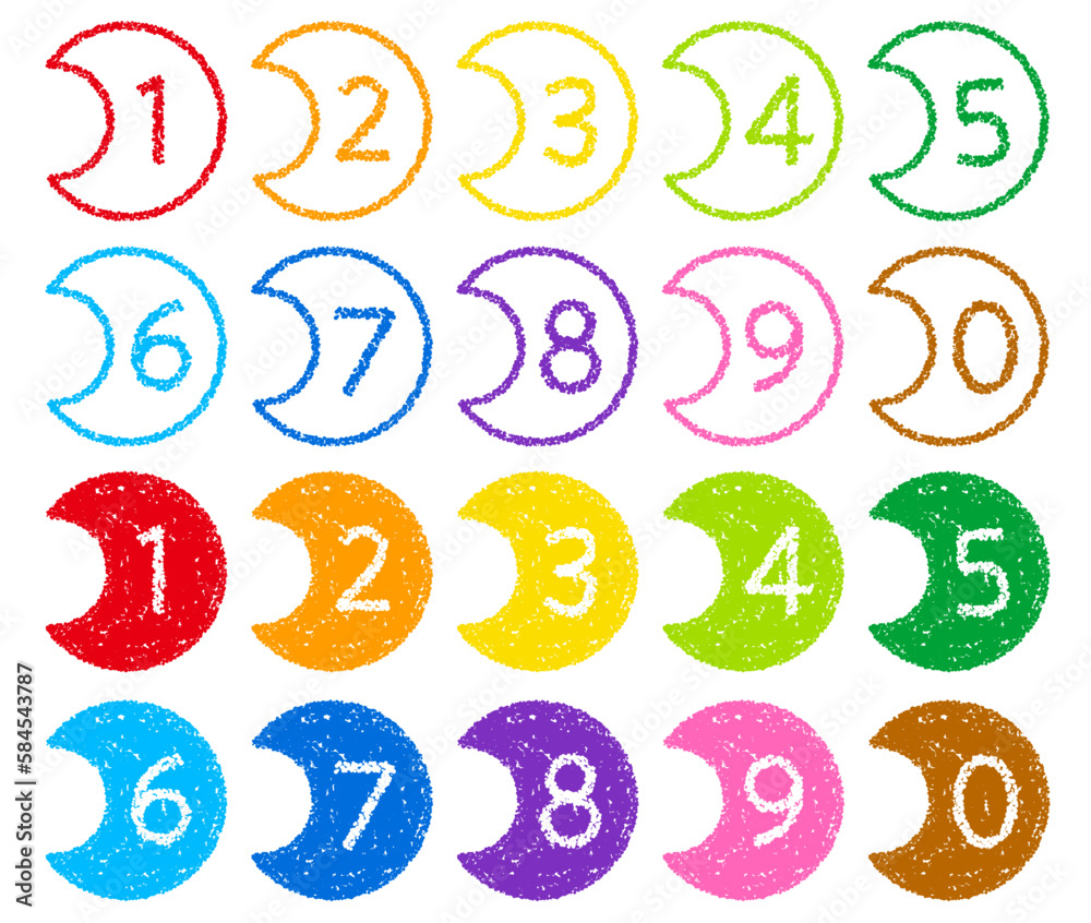 手描きのクレヨン素材 三日月形の数字アイコンセット 手描きのクレヨン素材 三日月形の数字アイコンセット