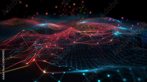  Abstrakt verbundene Punkte und Linien. Bewegung des digitalen Datenflusses. Kommunikations- und Technologie und Netzwerke Konzept mit sich bewegenden Linien und Punkten. 3D-Rendering, generative AI