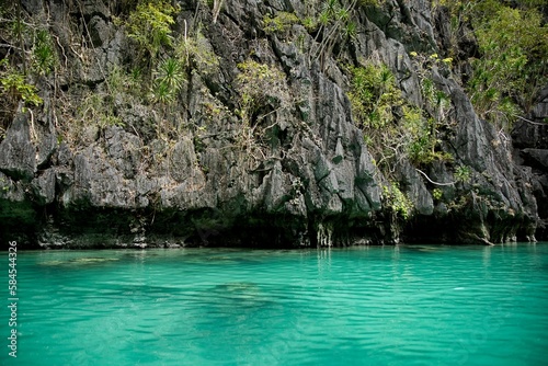 Majestic rocks in El Nido  Palawan in the Philippines that are overgrown with shrubs and rise out of the water.