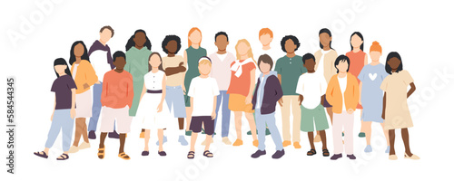 Children of different ethnicities stand side by side together. Flat vector illustration.	