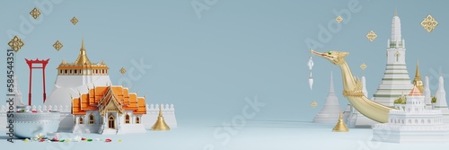 3d Songkran festival background in thailand water festival 3d with with blue water splash,thai architecture. ( Translation thai : Songkran Thailand )
