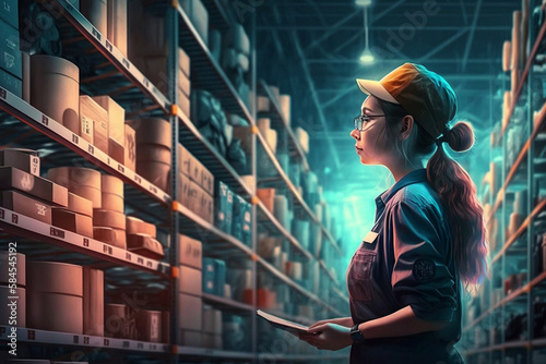 Professional Worker Woman Wearing Hard Hat Checking Stock and Inventory in Retail Warehouse full of Shelves with Goods., generative ai