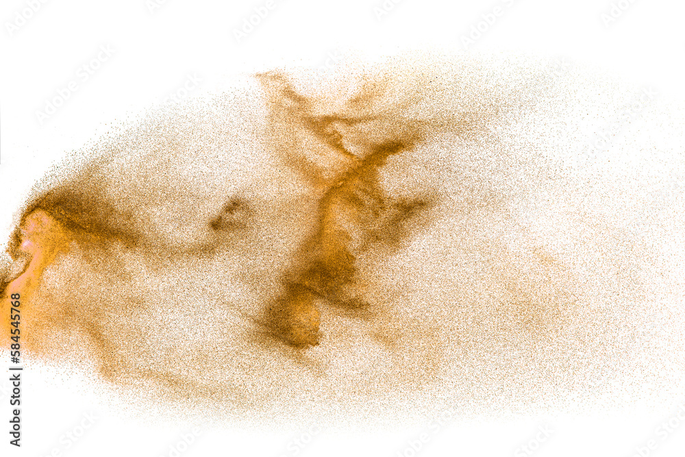 Brown sand explosion isolated on white background. Abstract sand cloud backdrop. - obrazy, fototapety, plakaty 
