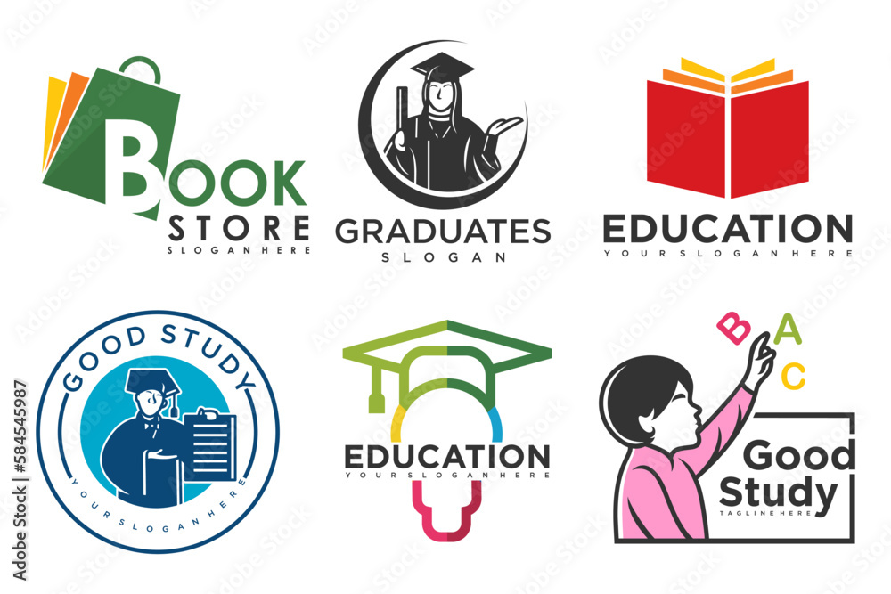 education and learn logo set.school book,graduate hat,lamp,book store and student.Teaching symbols