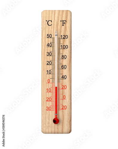 Wooden celsius and fahrenheit scale thermometer isolated on transparent background. Ambient temperature minus 4 degrees