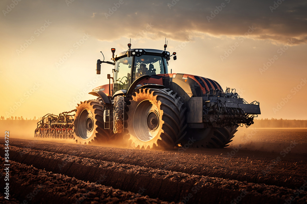 Tractor ploughs field, generative ai