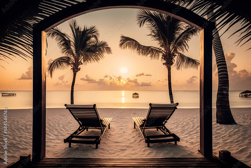 A stunning tropical sunset scene with two sun beds, lounge chairs, and a canopy of palm trees. White sand, a horizon facing sea view, a vibrant twilight sky, calmness, and relaxation Hotel beach resor