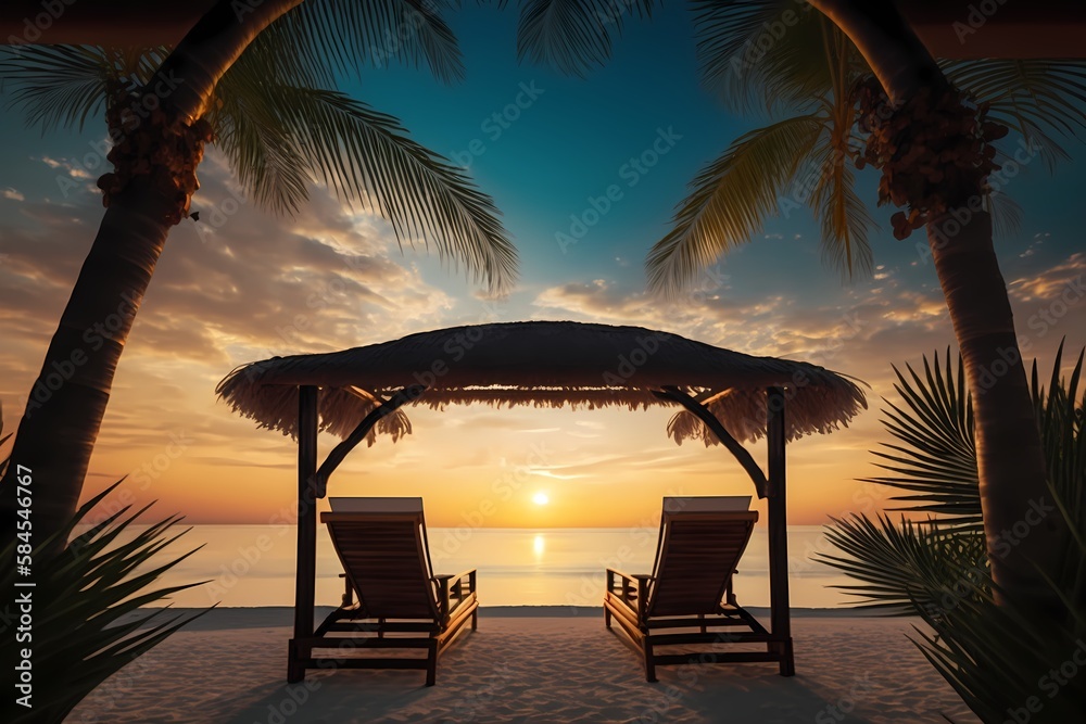 A stunning tropical sunset scene with two sun beds, lounge chairs, and a canopy of palm trees. White sand, a horizon facing sea view, a vibrant twilight sky, calmness, and relaxation Hotel beach resor