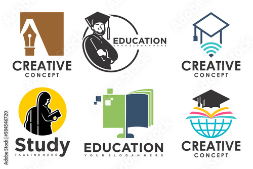 education and learn logo set.school book,graduate hat,pen,book store and student.Teaching symbols