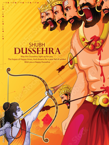 Creative illustration of Lord Rama holding Bow and Arrow for hindu festival Dussehra killing ravana