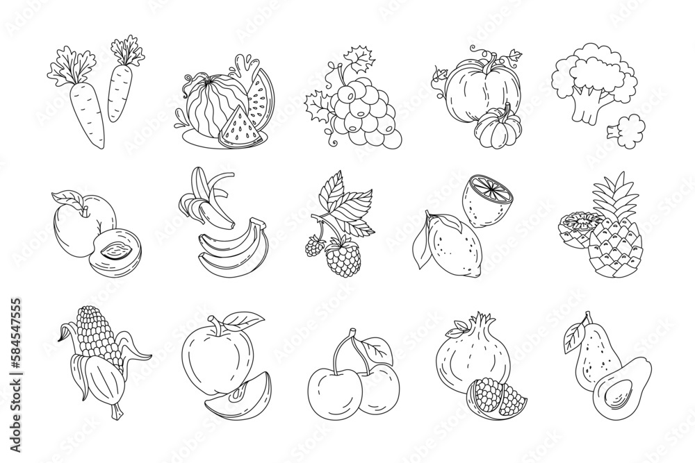 Fruits and berries doodle set Vector black and white illustration isolated on a white background Fruits and berries doodle set Vector black and white illustration isolated on a white background
