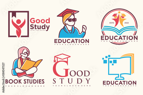 education and learn logo set.school book,graduate hat,book store and student.Teaching symbols