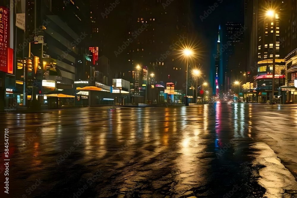 Obraz premium night view of the city, empty new york city street, mid night, rainy, lights