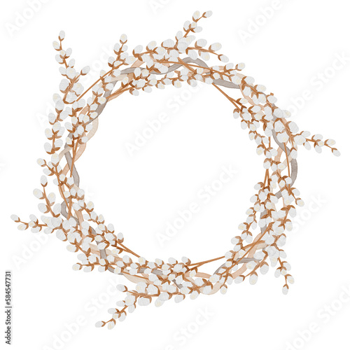 Watercolor wreath of pussy-willow on a white 
background. Hand drawn isolate illustration, print design photo
