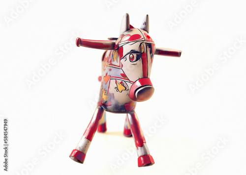 A tin toy horse, aged painted metal object, isolated studio shot. Generative AI. 
