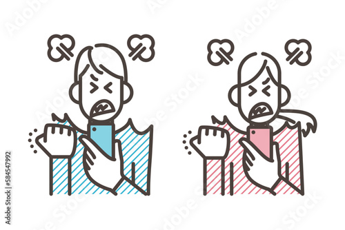 Young woman and man looking angrily at a cell phone [Vector illustration].