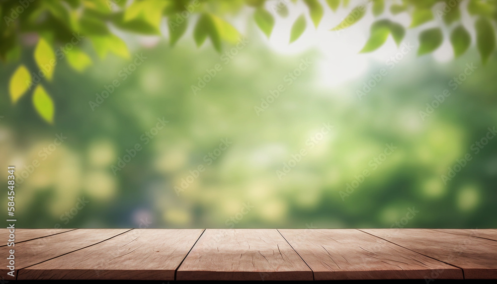 Empty wood table top and blurred view from green tree garden bokeh background Empty wood table top and blurred view from green tree garden bokeh background