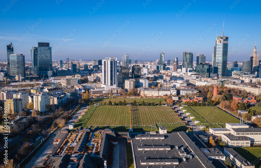 Obraz premium Drone photo of Warsaw Water Filters and downtown of Warsaw city, Poland