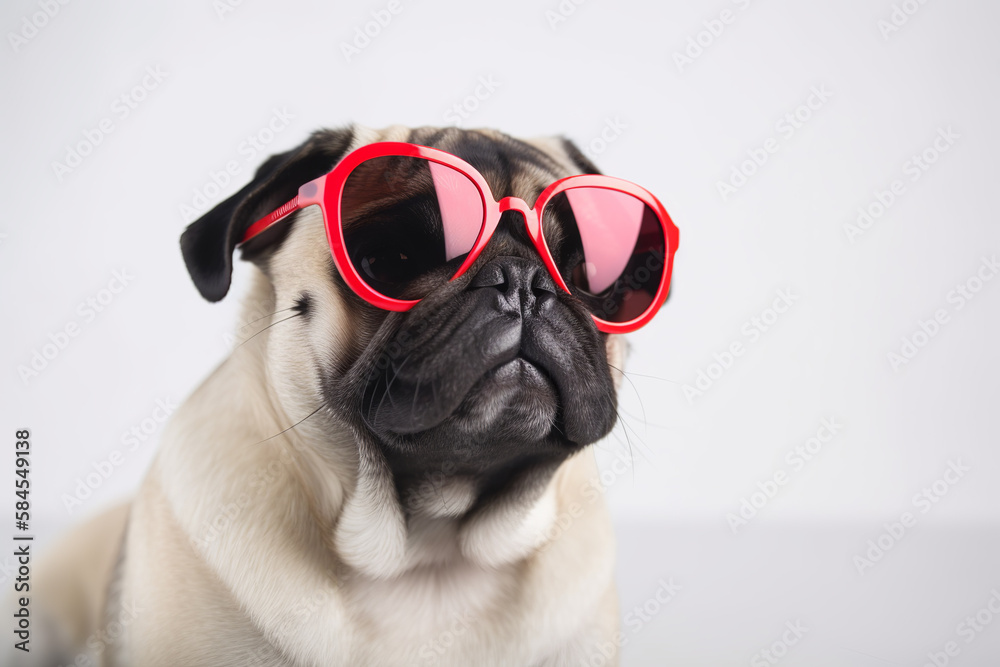 Cool Pug Wearing Red Sunglasses Against White Background. Adorable Pet with Stylish Shades. Generative AI