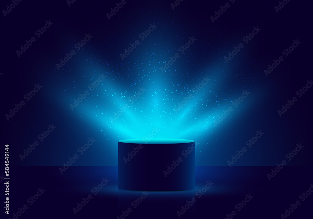 3D blue cylinder mystery box with Illuminated lighting glitter on dark background