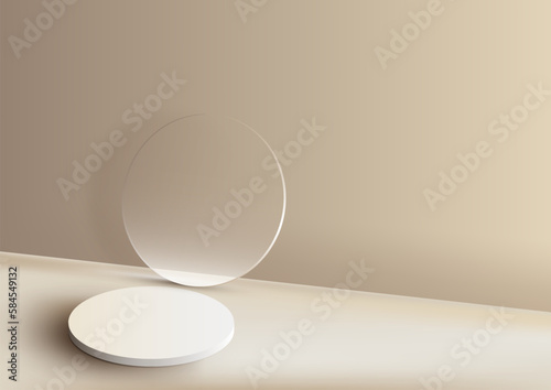 3D realistic white podium platform stand with circle transparent glass minimal wall scene on beige background