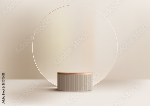 Fototapeta Naklejka Na Ścianę i Meble -  3D realistic top of wood surface podium platform stand with transparent circle glass backdrop on beige background luxury style.