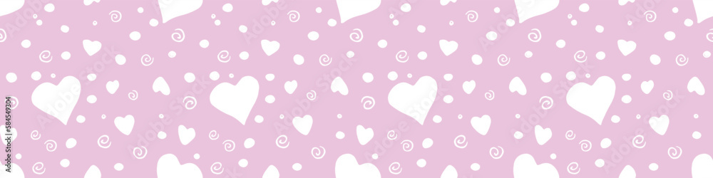 Vector pink seamless abstract pattern of flat elements hearts points drops spirals. Hand drawn pastel background, texture for textile, wrapping paper, Valentine's day