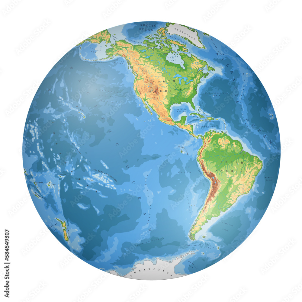 Fototapeta premium Highly detailed physical World Map in globe shape of Earth. Nicolosi globular projection – 3D.