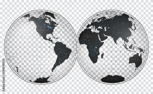 Transparent World Map in globe shape of Earth. Nicolosi globular projection – 3D.