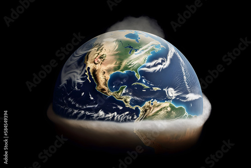 Generative ai Stop global warming, air polution, glacier melting.People in front of earth catastrophy. Ai generated. Globe earth in poluted steam air space view photo