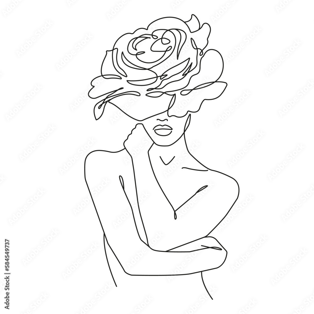 Woman Portrait with Flowers Line Art Drawing. Floral Beauty Female Body