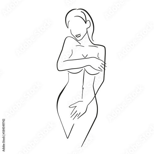 Trendy Line Art Drawing of Woman Body. Female Figure Nude Body Line Art Vector Illustration for Wall Decor, Spa, T-shirt, Print, Poster. Female Naked Figure Creative Drawing in Modern Linear Style