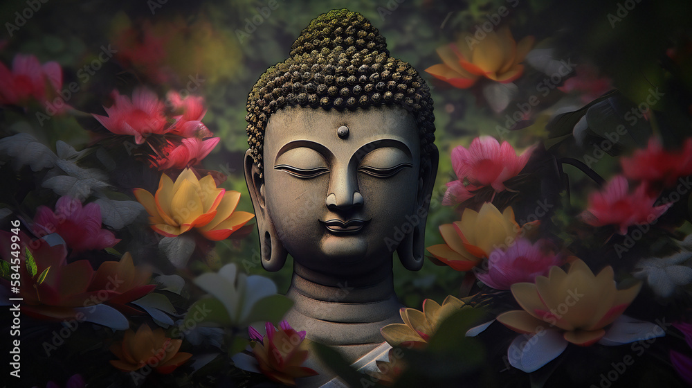 Statue of Buddha meditating in lotus yoga position, colorful lotus flowers around