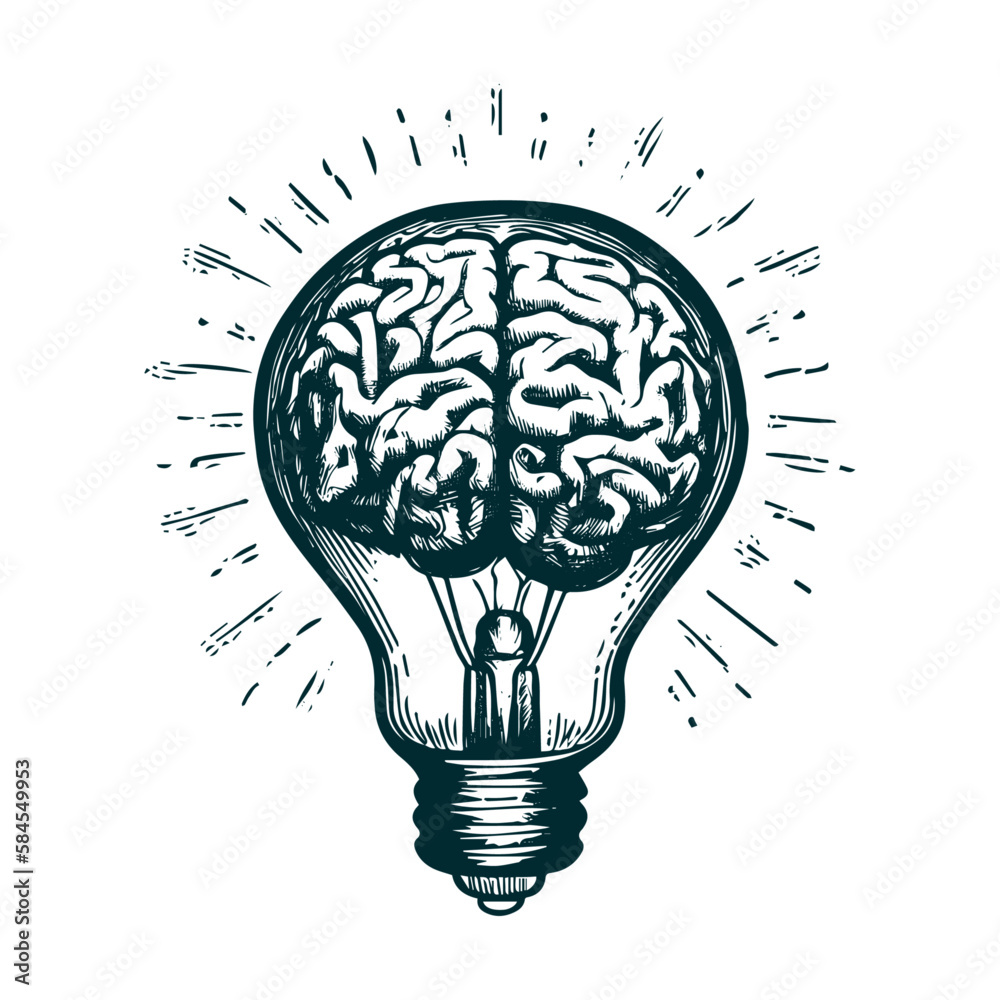 Light bulb with brain inside sketch vector, creative illustration  - obrazy, fototapety, plakaty 