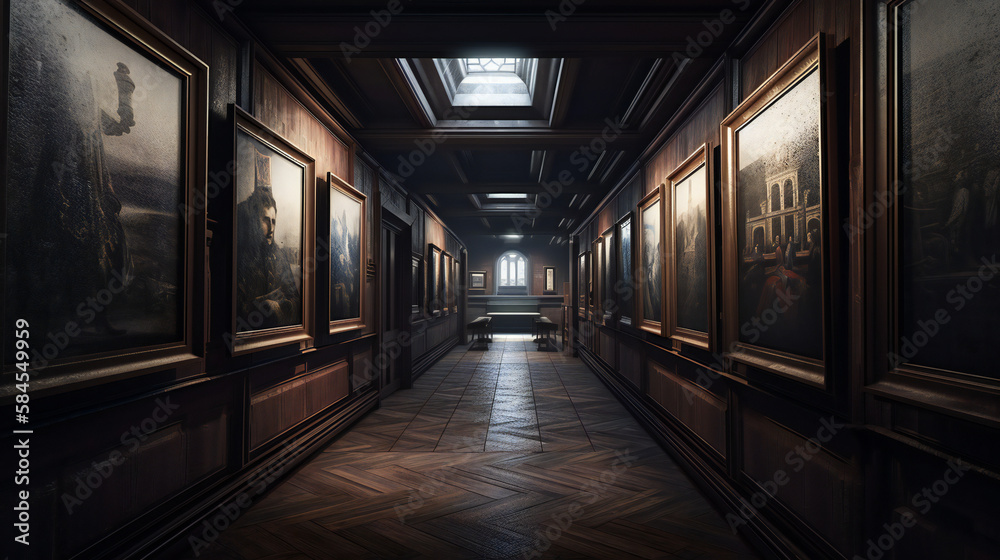 old castle hallway, magic classic barque style hallway, full of old paintings, natural lights and shadows, generative ai